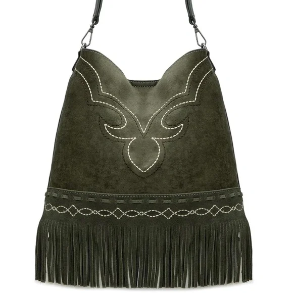 Fringe Suede Shoulder Bag in Olive Green