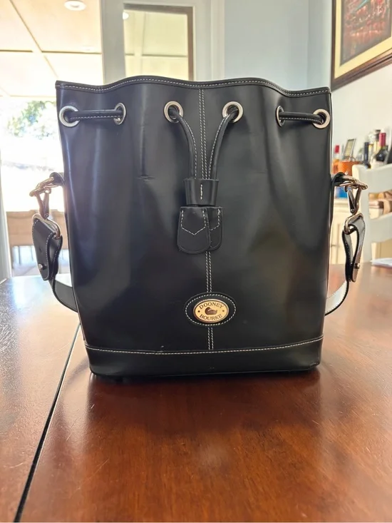 Dooney & Bourke Black Leather Drawstring Bucket Tote with Gold Hardware