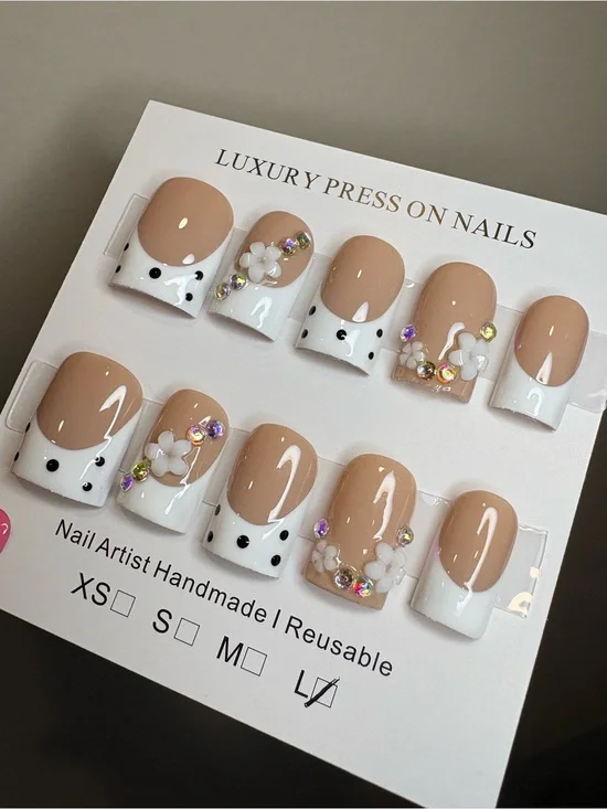 Nude & White Floral Press-On Nail Set with Rhinestones