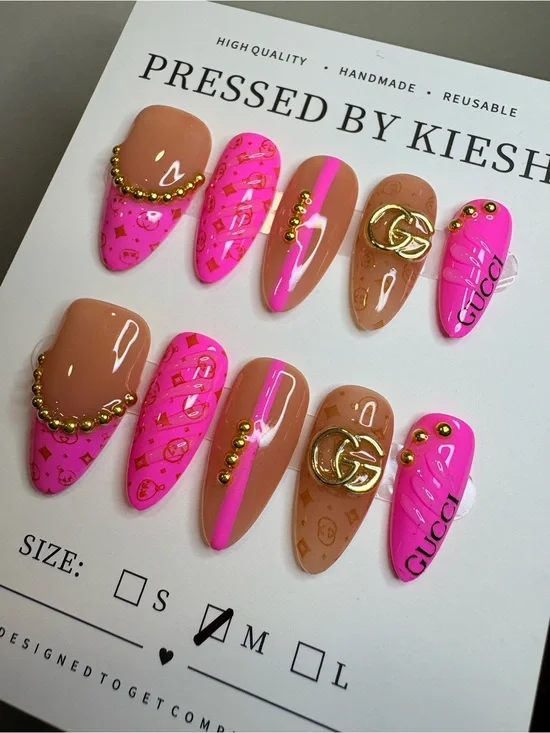 Gucci Pink & Nude Press-On Nails with Gold Accents