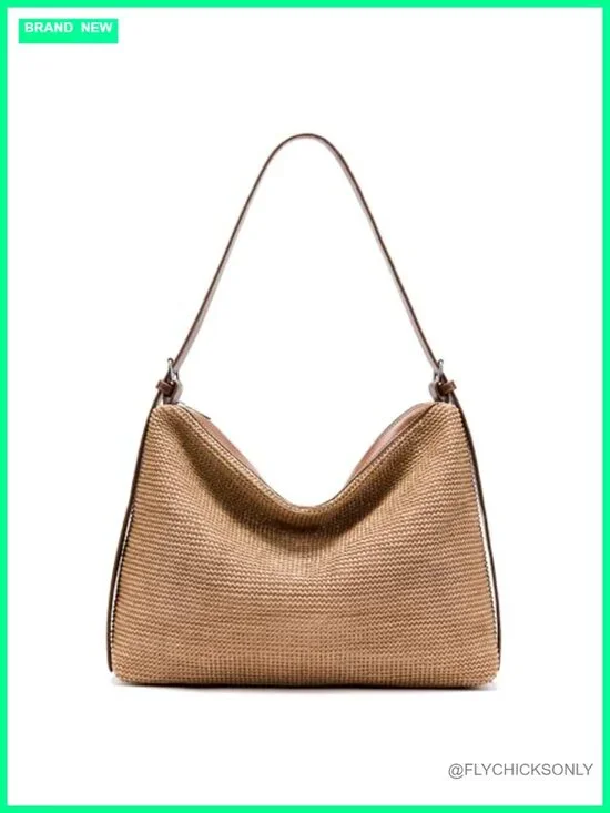 Woven Straw Hobo Bag with PU Leather Trim, Crossbody Shoulder Tote Zipper
