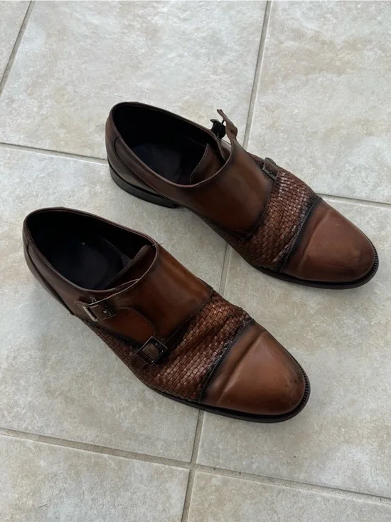Studio Belvedere Mens 10 Double Monk Strap Buckle Woven Cognac Leather Shoes