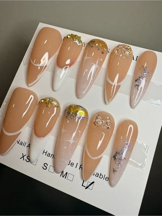 Nude Almond Press-On Nails with Gold Flake Accents