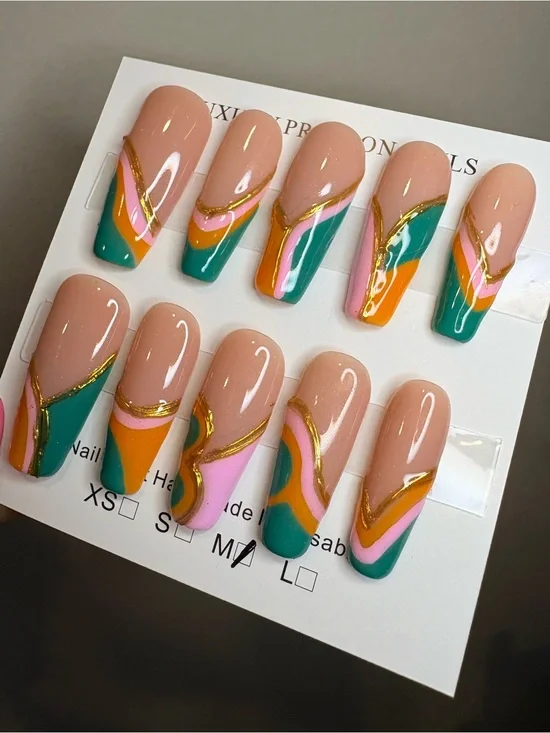 Peach French Tip Press-On Nails with Teal, Pink & yellow Swirls