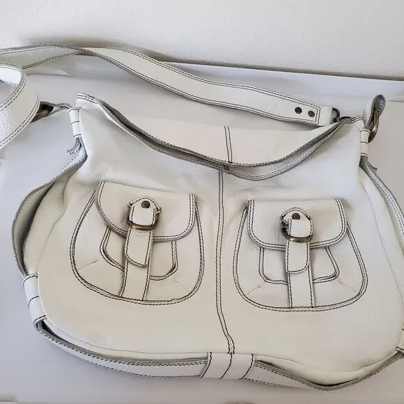 Oushka Vintage White Leather Shoulder Bag Hobo Purse w/ Front Pockets Crossbody