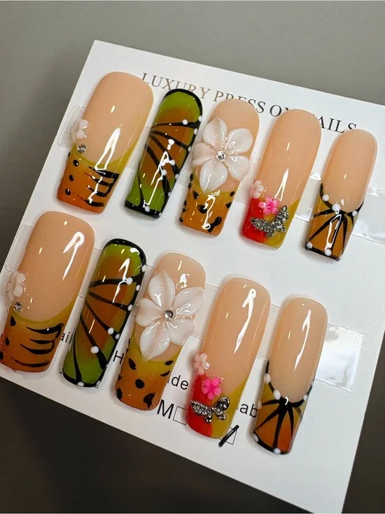 Handmade Floral Butterfly Press-On Nails in Nude, Green & Orange