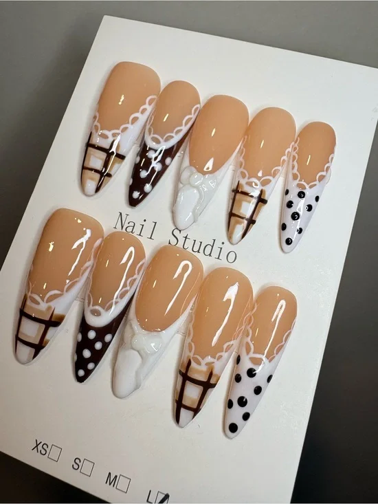 Nude & White Hand-Painted Stiletto Press-On Nails