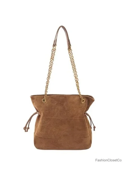 Faux Suede Hobo Shoulder Bag Large Tote with Chain Strap