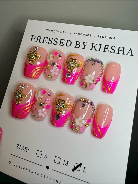 Handmade Pink Floral Gold Accent Pressed Nails
