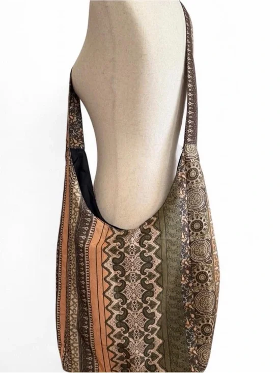 Y2K Bohemian Patterned Hobo Bag in Brown and Olive