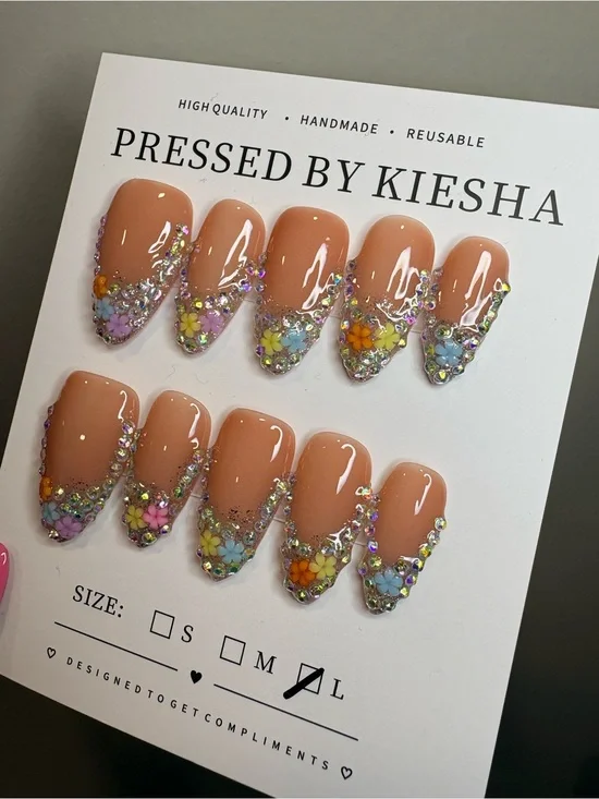 Nude Press-On Nails with Floral Rhinestone Tips