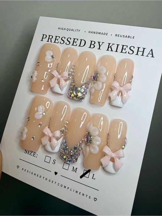 Beige Pink Bow Press-On Nail Set