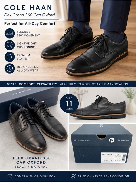 Cole Haan Black Leather Cap Toe Oxford with Natural Welt