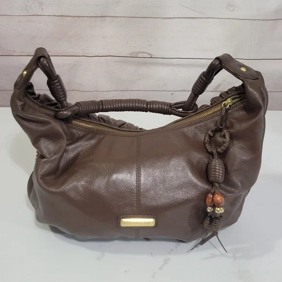Iabella Fiori Hobo Bag Brown Leather Bag Charm Braided Handle