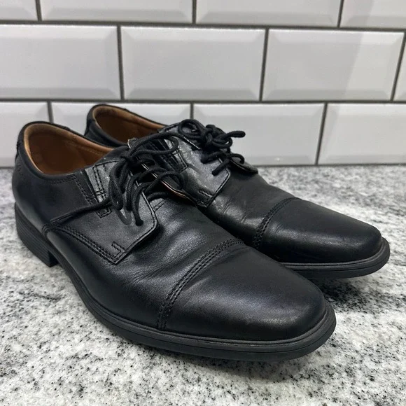 Clarks Mens 8W Cap Toe Oxford Black Leather Lace Up‎ Ultimate Comfort Business