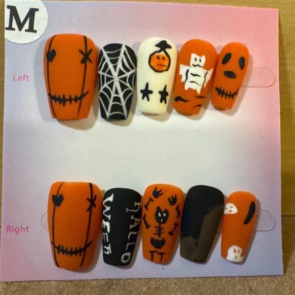 Halloween Press On Nails Medium Coffin Orange Black Ghost‎ Spider Web Spooky Set