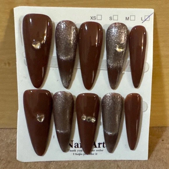 Brown Stiletto Press On Nails Long Glossy Silver Glitter Rhinestone Heart Size L