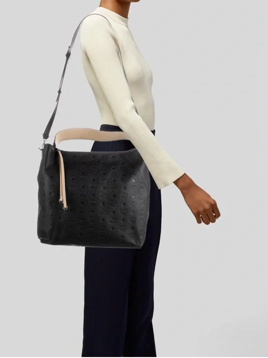 MCM Embossed Leather Hobo Bag with Contrast Handle