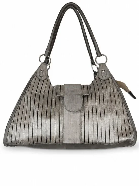 Sentosa Silk Metallic Taupe Brown Pinstripe Hobo Bag Academia Chic