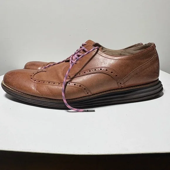 Cole Haan OriginalGrand Wingtip Oxford Mens Tan Leather Brogue Shoes Pink Laces