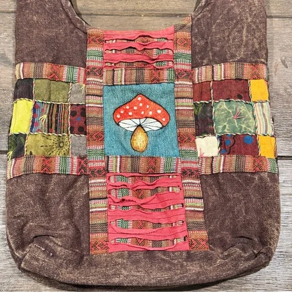 Gypsy Rose BOHO Hippie MUSHROOMS Festival PATCHWORK Embroidered‎ Tapestry Bag