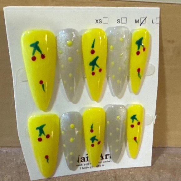 Yellow Cherry Press On Nails Almond Medium‎ Silver Glitter 3D Polka Dot 10pc Set