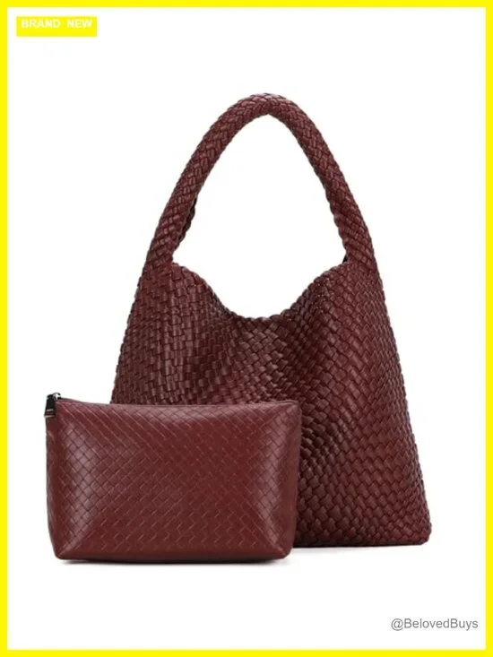 Woven Vegan Leather Hobo Tote Bag with Magnetic Closure Shoulder Bag
