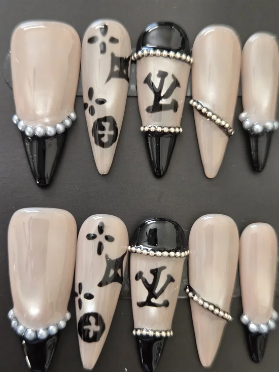 Hand Crafted Nude & Black Press-On Nails with Silver Bead Accents