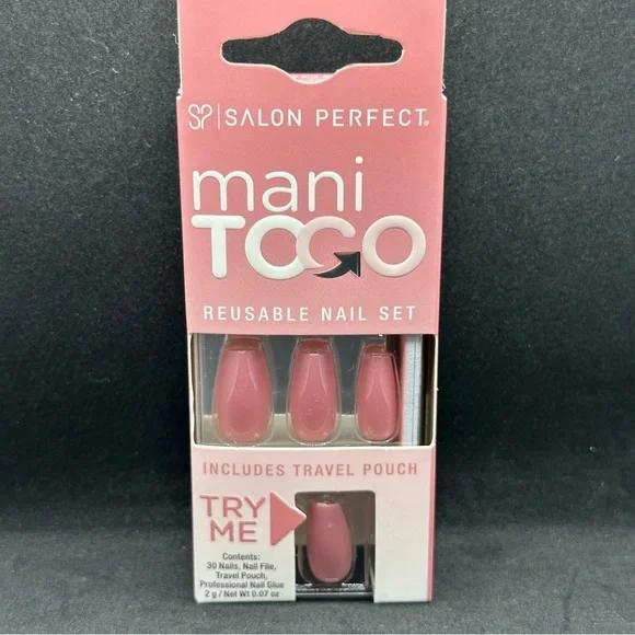 NIB Salon Perfect Mani To Go Reusable Coffin Press On Nails Kit Dusty Pink