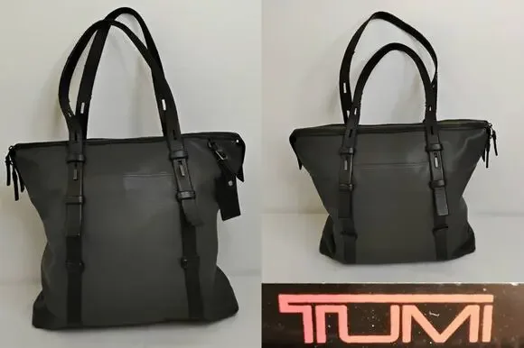 TUMI Leather Shoulder Bag Carry On Gray and Black Business Laptop Bag #J4521