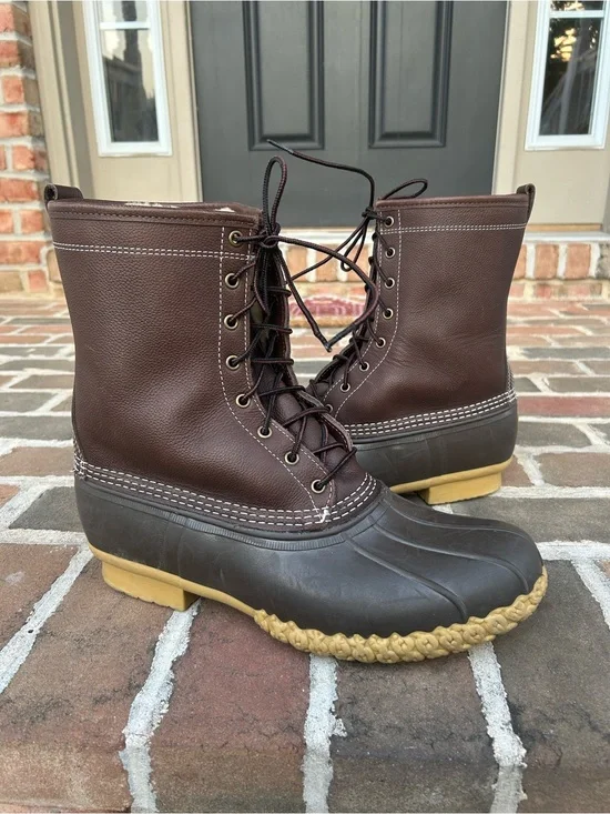 LL Bean 10” Brown Leather Lace-Up Duck Boots Shearling Lined Mens 13 Wide