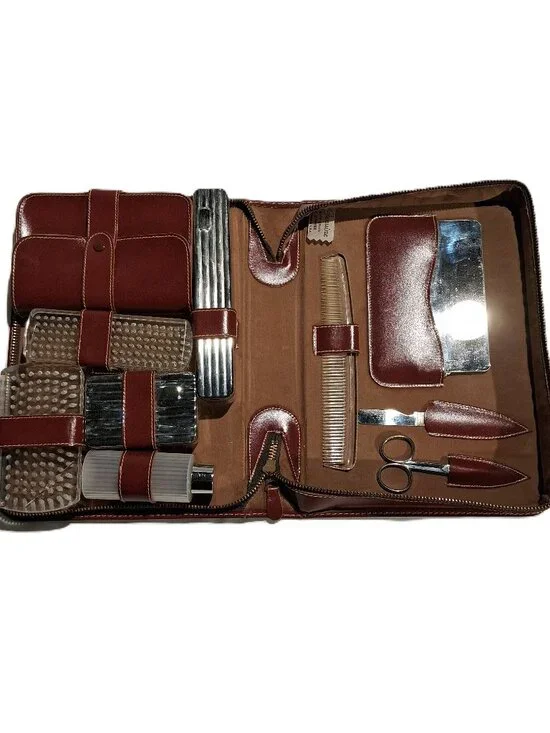Leather Travel Kit  Zipper Case  Vintage 10 piece  Rust Brown  Lucite Silver VGC