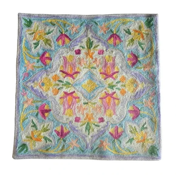 Hand Embroidered Throw Pillow Cushion Cover Wool on Cotton 16.5