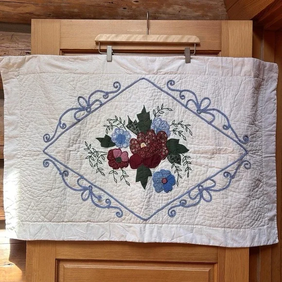 VTG Embroidered Quilted Floral Pillow Sham Case Oversized Patchwork Cottagecore