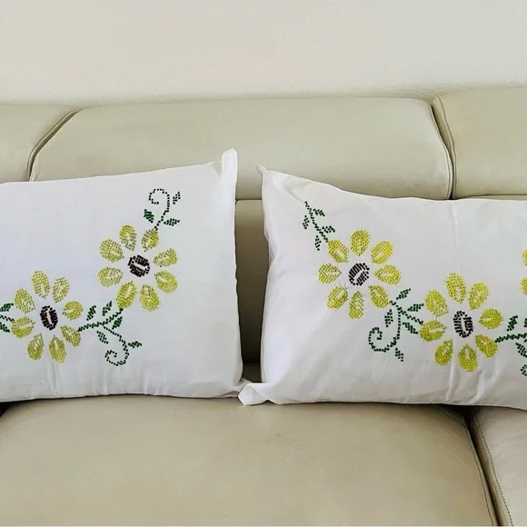 Floral Embroidered White Throw Pillows 17/26 inches