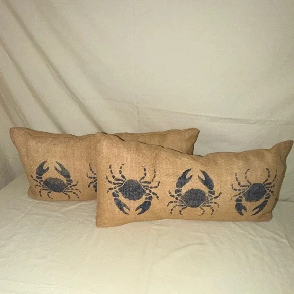 Set of 2 Burlap Coastal Blue Crab Textured Rectangular Throw Pillows 24x12