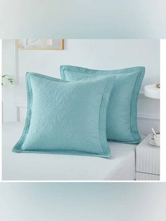 All Cotton Luxury Quilted Pillow Shams in Light Aqua 26 X 26 Set Of 2