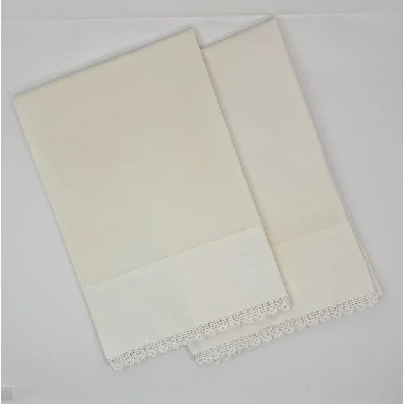 Vintage Off White Pillowcases Pair Crochet Lace Trim Standard Farmhouse Cottage