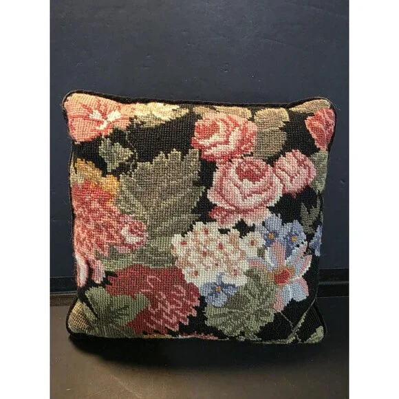 Vintage Needlepoint Small Accent Pillow Dogwood Floral Brown Velvet Back 10x7.5