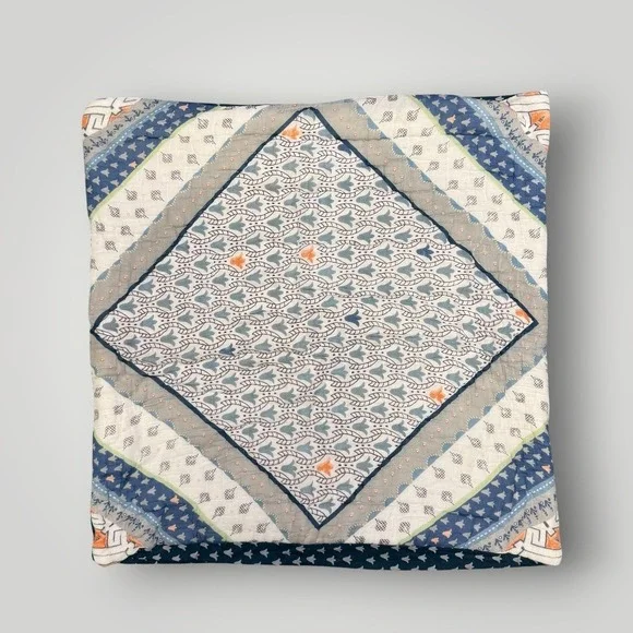 Anthropologie Quilted Euro Sham 26x26 Blue White Cotton Patchwork Medallion