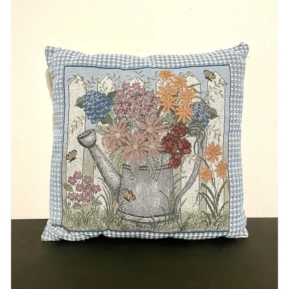 Cottagecore Pillow Blue Border Watering Can Overflowing Wild Flowers‎ Tapestry