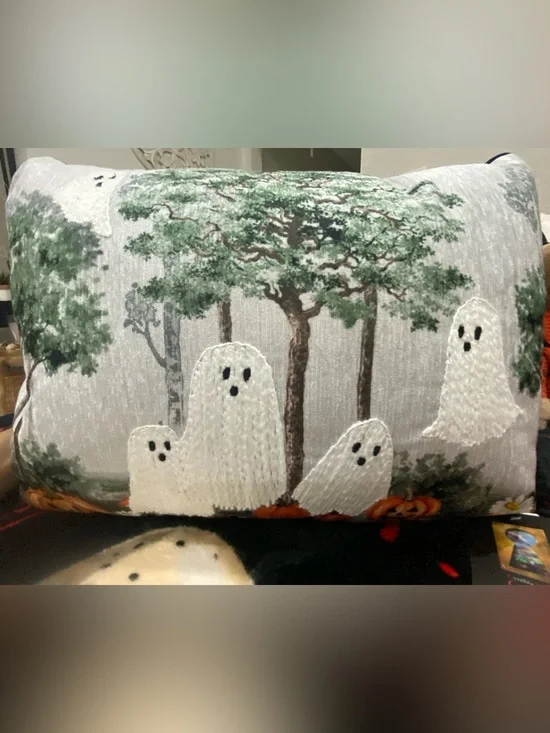 Embroidered Ghosts Decorative Pillow Cover - White & Green