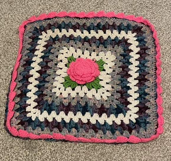 Vintage Handmade Crochet Pillowcase 3D Rose Floral Granny Square 20x20 Boho