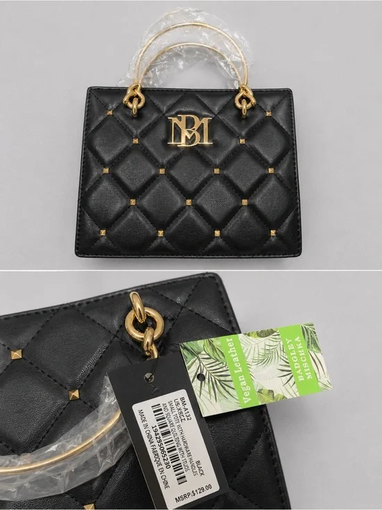 Badgley Mischka Black Quilted Vegan Leather Top-Handle Bag with Gold Hardware