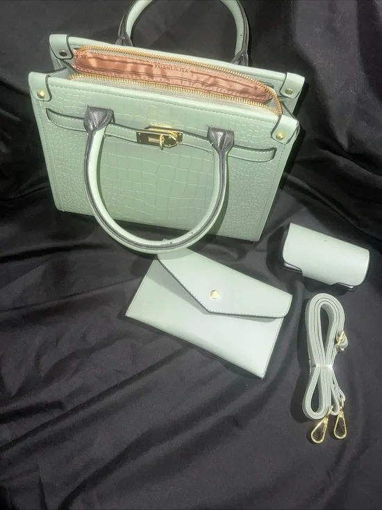Mint Green Croc-Embossed Satchel Handbag with Wallet & Strap