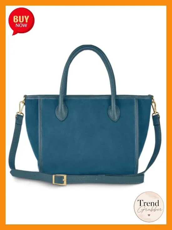 Genuine Suede Top-Handle Bag with Calf Leather Trim and Crossbody Strap