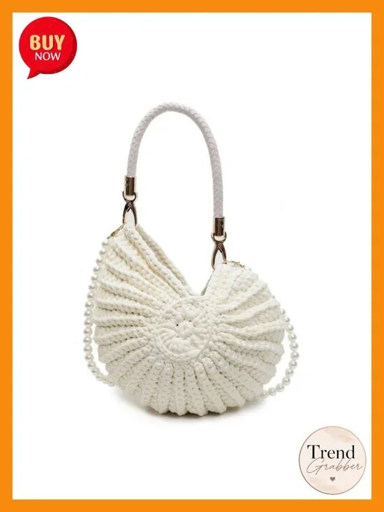 Handwoven Fashion Seashell Bag Boho Clutch Pearl Strap Leather Handle