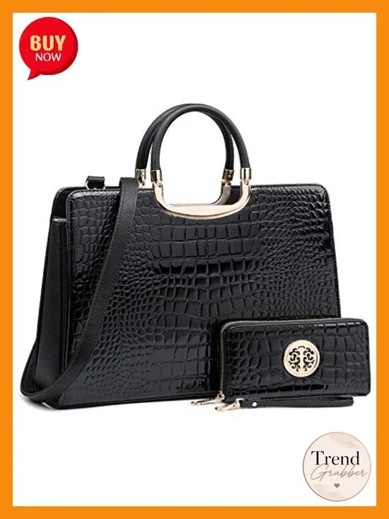 Vegan PU Croco Textured Satchel Tote with Matching Wristlet and Shoulder Strap
