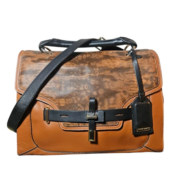 Vince Camuto Max Brown Snakeskin Embossed Leather Briefcase Style Satchel Bag