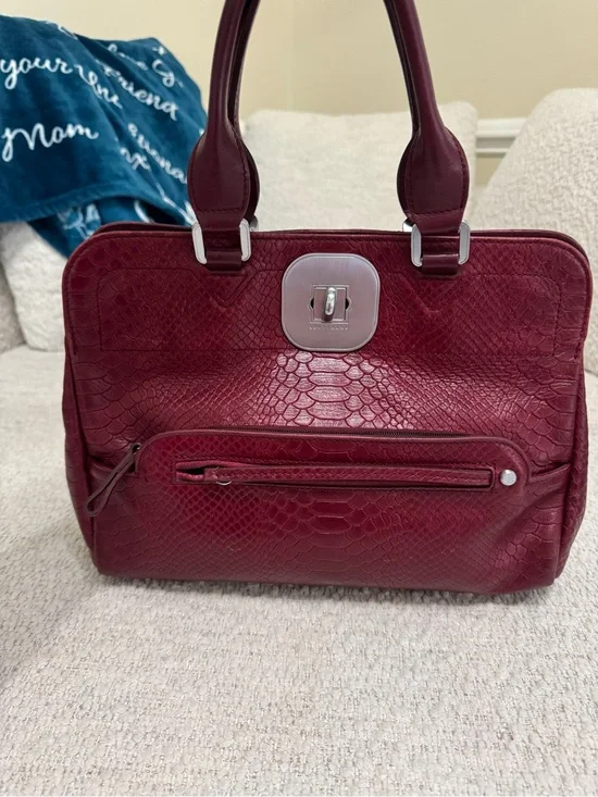 Longchamp Gatsby Satchel Red Python Embossed Twist Lock Structured Purse France